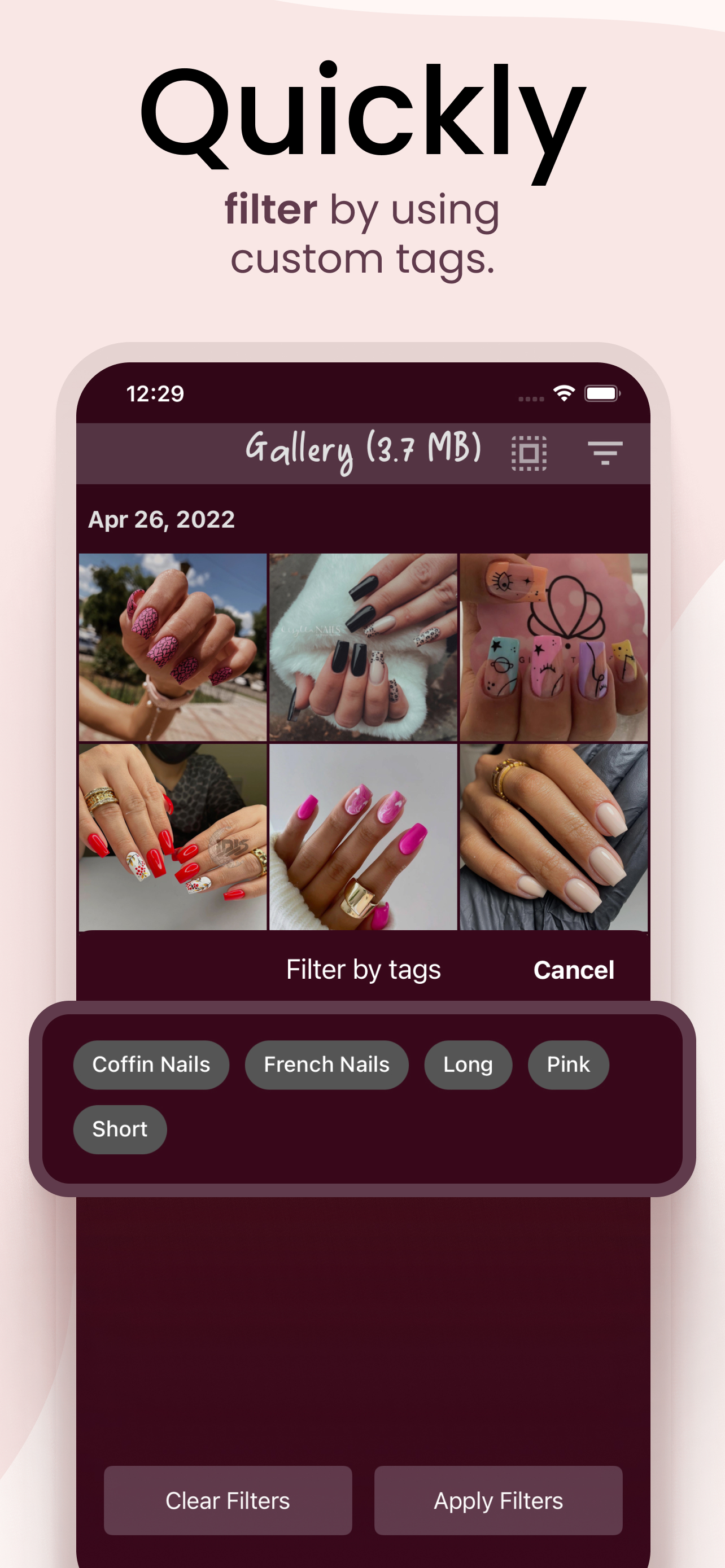 Filter saved nail designs using custom tags such as French nails, long, and pink.